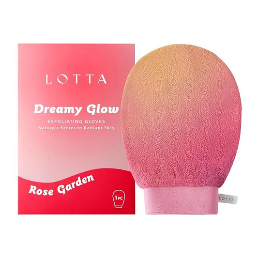 LOTTA Dreamy-Glow Deep Exfoliating Glove - Vegan Dead Skin Removal Body Scrub Mitt Bath Washcloth for Women Shower Exfoliation (Rose Garden)