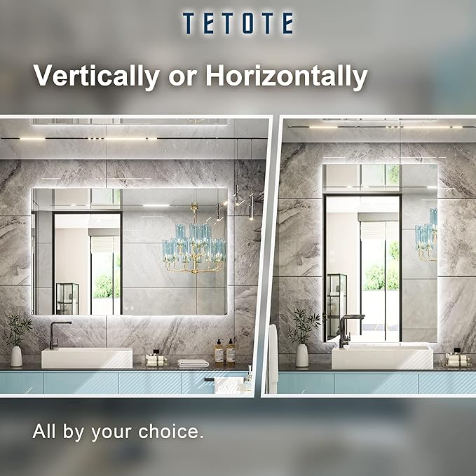 TETOTE 55 x 36 Inch LED Mirror Bathroom Backlit,Anti Fog,Dimmable,Vanity Lighted Mirror,(Horizontal/Vertical)