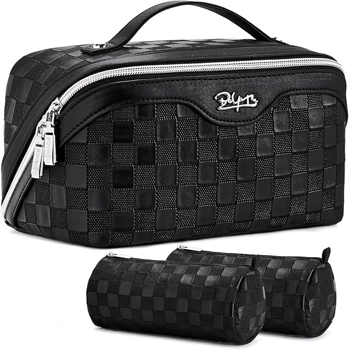 BOYATU Travel Makeup Bags for Women: Vegan Leather Cosmetic Bag Set of 3 - Large Capacity Make up Bag with Divider - Wide Open Waterproof Toiletry Organizer Bag with Handle (L13-Black)
