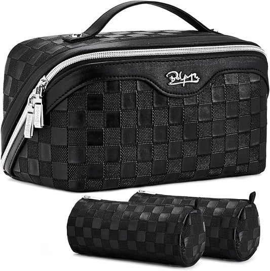 BOYATU Travel Makeup Bags for Women: Vegan Leather Cosmetic Bag Set of 3 - Large Capacity Make up Bag with Divider - Wide Open Waterproof Toiletry Organizer Bag with Handle (L13-Black)