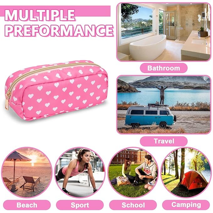 Small Pencil Case Makeup Bag for Purse, Cute Pencil Pouch Preppy Nylon Makeup Brush Bag with Zipper , Girls Portable Stationery Storage Case Small Pen Bag for Office School College(Slim-Pink Heart)