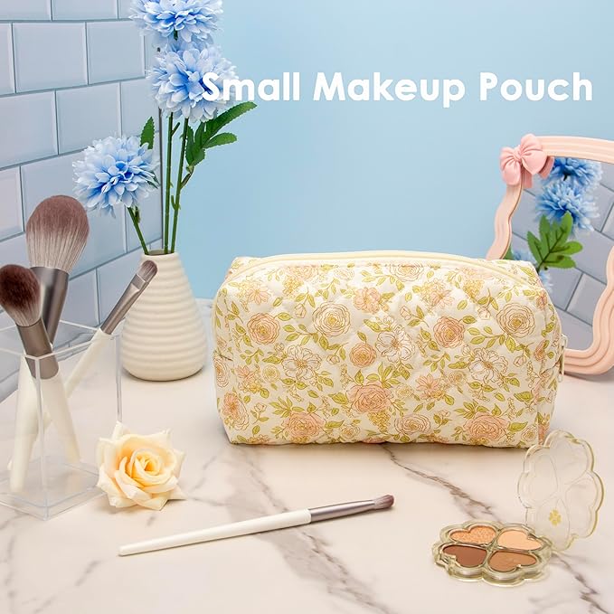 PAZIMIIK Vintage Quilted Makeup Bag Cosmetic Pouch for Brushes Pencils and Travel Make Up Accessories for Women and Girls Rose Beige