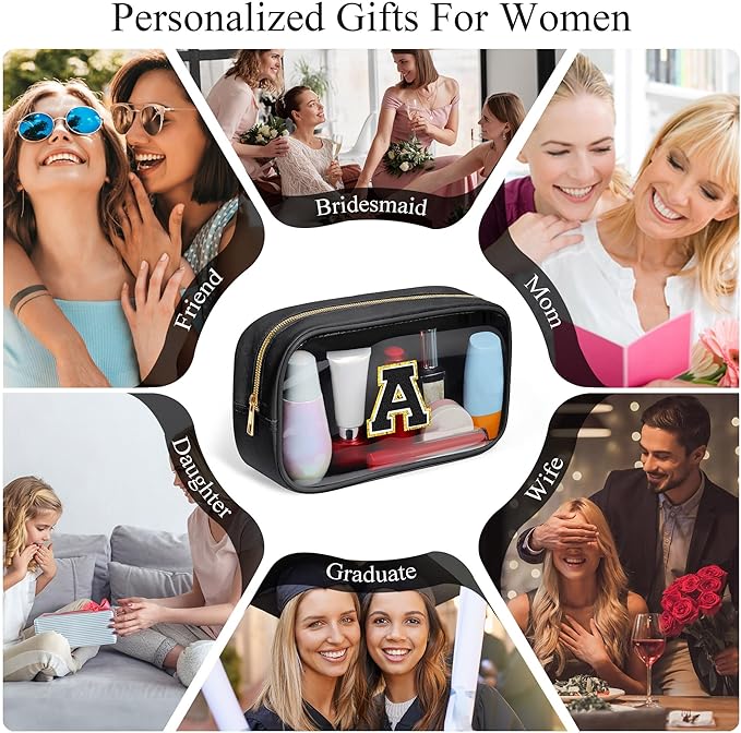 YOOLIFE Travel Clear Makeup Bag Toiletry Bag, Make up Bag Waterproof Toiletry Bags for Women Cosmetic Bag Birthday Gifts for Women Personalized Mother Girlfriend Wife Bridesmaid Gifts Black Letter O