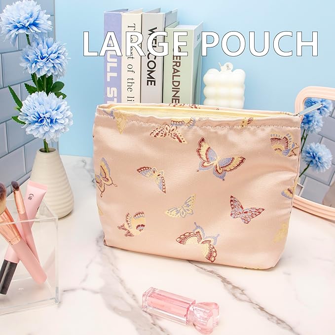 Makeup Bag Large Cotton Zipper Pouch for Purse Travel Canvas Make Up Organizer for Women Cosmetic,Butterfly Pink