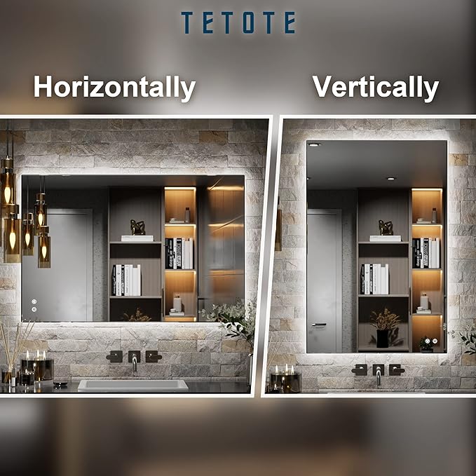 TETOTE 24 x 36 Inch LED Mirror Backlit Bathroom,Anti-Fog Mirror with Light,Dimmable,CRI90+,IP54 Water Proof,Wall Mounted Vanity Lighted,Horizontal/Vertical