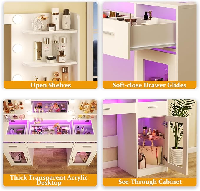 HUAHUUU Vanity Desk, Makeup Vanity Desk with Mirror and Lights 3 Colors, Transparent Top with 3 RGB Drawers, 6 Shelves, 2 Large Tempered Cabinets, Power Outlet, for Bedroom, White
