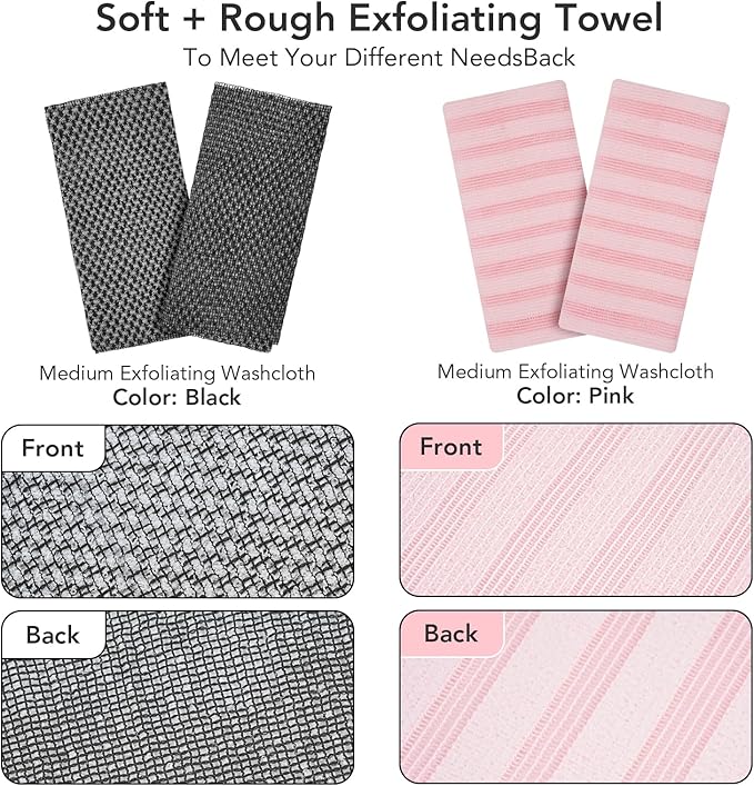 Exfoliating Washcloth Shower Towel - 2 Pack Back and Body Scrubbers for Smooth Skin | Quick-Drying, Durable, and Gentle for Sensitive Skin (Gray+Pink)