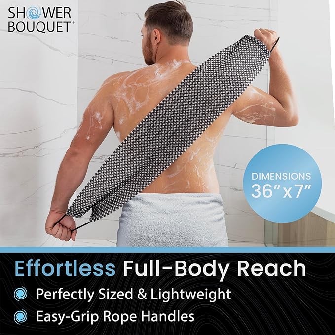 Japanese Exfoliating Washcloth for Back & Body 2-Pack - Charcoal & Silver Ion Exfoliating Towel with Handles - Two-Sided Gentle Exfoliation & Deep Cleanse Body Wash Cloths for Shower - 2 White