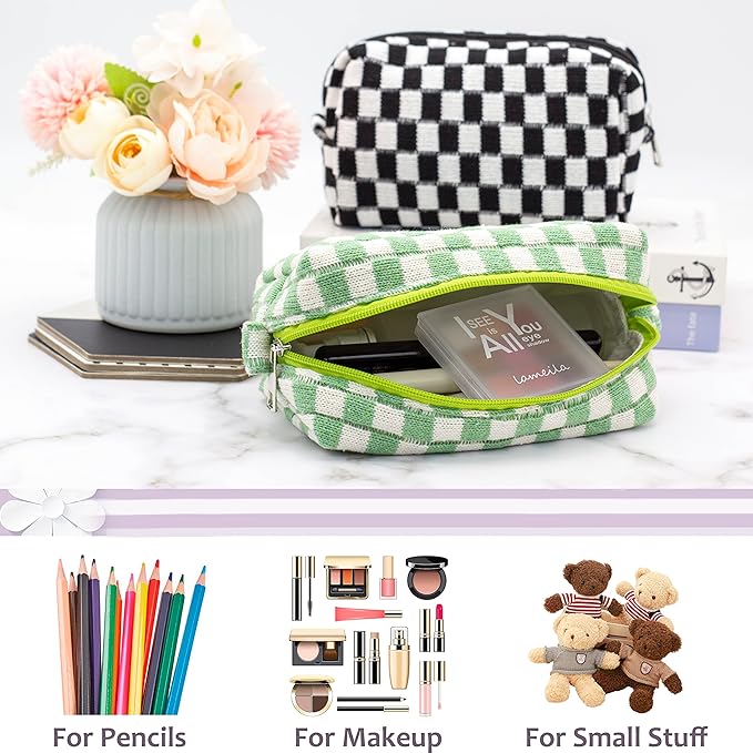 PAZIMIIK Checkered Makeup Bag for Purse Portable Zipper Make Up Pouch Small Cosmetic Case for Travel Accessories (Light Green)