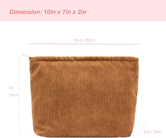 PAZIMIIK Makeup Bag Large Zipper Corduroy Make Up Pouch for Purse Travel Canvas Cosmetic Organizer for Women Brush Storage,Brown