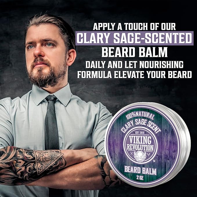 Viking Revolution Clary Sage Beard Balm - Beard Butter with Argan Oil, Beard Softener for Men with Jojoba Oil - Beard Moisturizer for Men with Beeswax - Beard Wax for Men (2oz, 1 Pack)