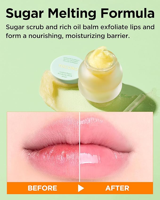 TOCOBO Lemon Sugar Lip Mask – Korean Vegan Lip Scrub & Overnight Exfoliating Treatment for Dry, Chapped Lips – Hydrating, Plumping, Smoothing – Glazed Balm Texture, Non-Sticky, 0.68oz