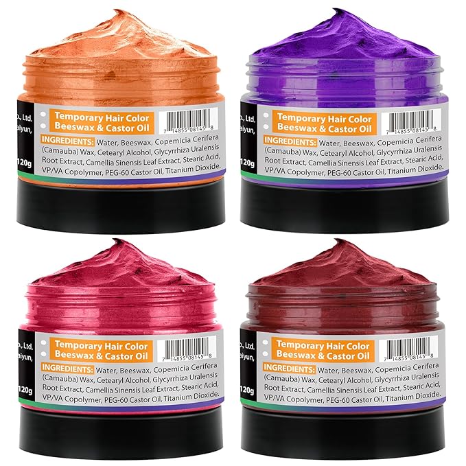 4oz Temporary Hair Color Wax for Men Women Kids Daily Party Cosplay Halloween DIY Washable Hair Wax Color Natural Instant Hair Paint Wax (Red&Orange&Claret&Purple, 5pcs)