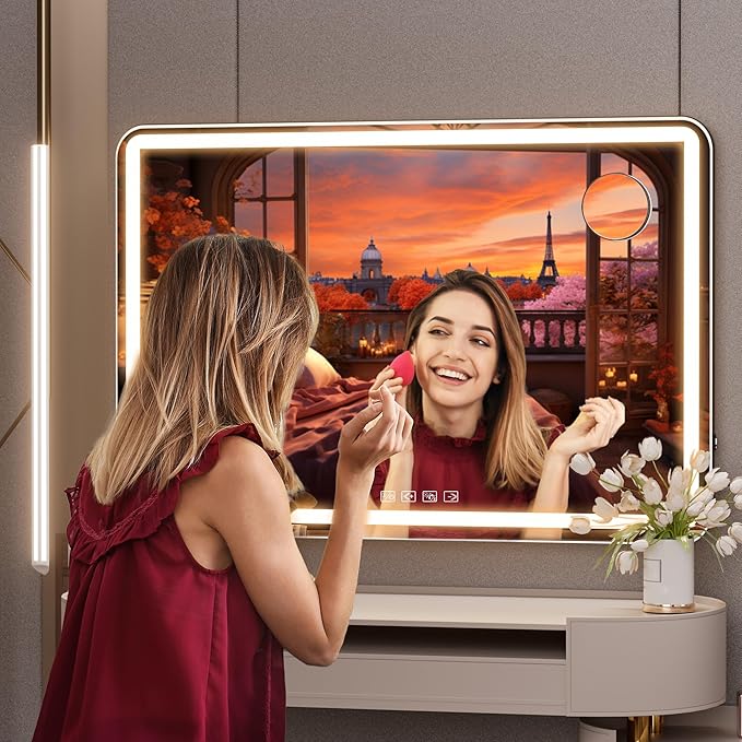 Hasipu Vanity Mirror with Lights and Bluetooth Speaker, 32" x 21.7" LED Makeup Mirror, Lighted Makeup Mirror with Dimmable 3 Modes, USB Charging Port, Round Black