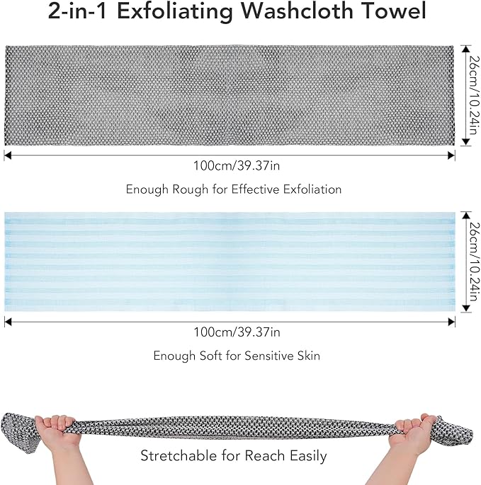 Exfoliating Washcloth Shower Towel - 2 Pack Back and Body Scrubbers for Smooth Skin | Quick-Drying, Durable, and Gentle for Sensitive Skin (Gray+Blue)