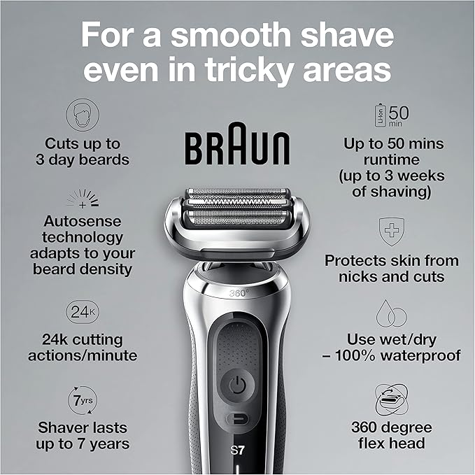 Braun Electric Razor for Men, Series 7 360 Flex Head Foil Shaver with Precision Beard Trimmer, Rechargeable, Wet & Dry and Travel Case, Black, 5 Piece Set