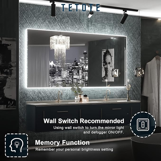 TETOTE 48 x 24 LED Backlit Bathroom Mirror with Light,3Color White/Warm/Natural,Anti-Fog Lighted Mirror,Dimmable,Vanity Mirror,Wall Mounted