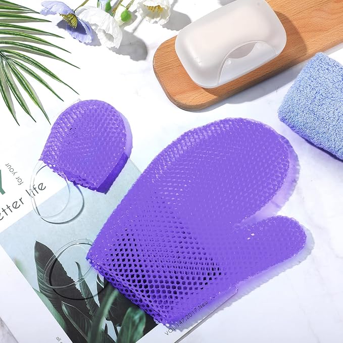 Karenhi 2 Pcs Honeycomb Exfoliating Glove Set Exfoliating Bath Mitt Honeycomb Face and Body Scrubber Shower Mitt for Cleaning Body Shower Face Skin Beauty Spa, Quick Drying(Purple)