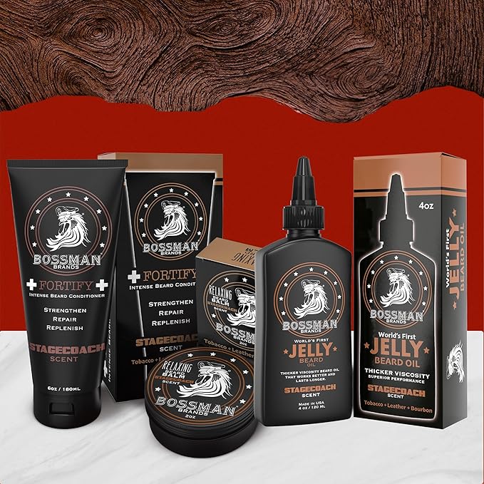 Bossman Essentials Beard Kit for Men, Set of 3 - Beard Oil Jelly, Fortifying Conditioner Cream, Beard Balm - Grooming Growth Care Accessories (Stagecoach)
