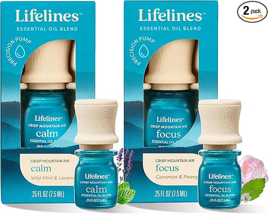 Lifelines Essential Oil Blends, 2-Pack - Blended Essential Oils with Mess-Free Precision Pump for Aromatherapy Diffusers - Long-Lasting Scented Fragrance - Crisp Mountain Air (Calm & Focus)