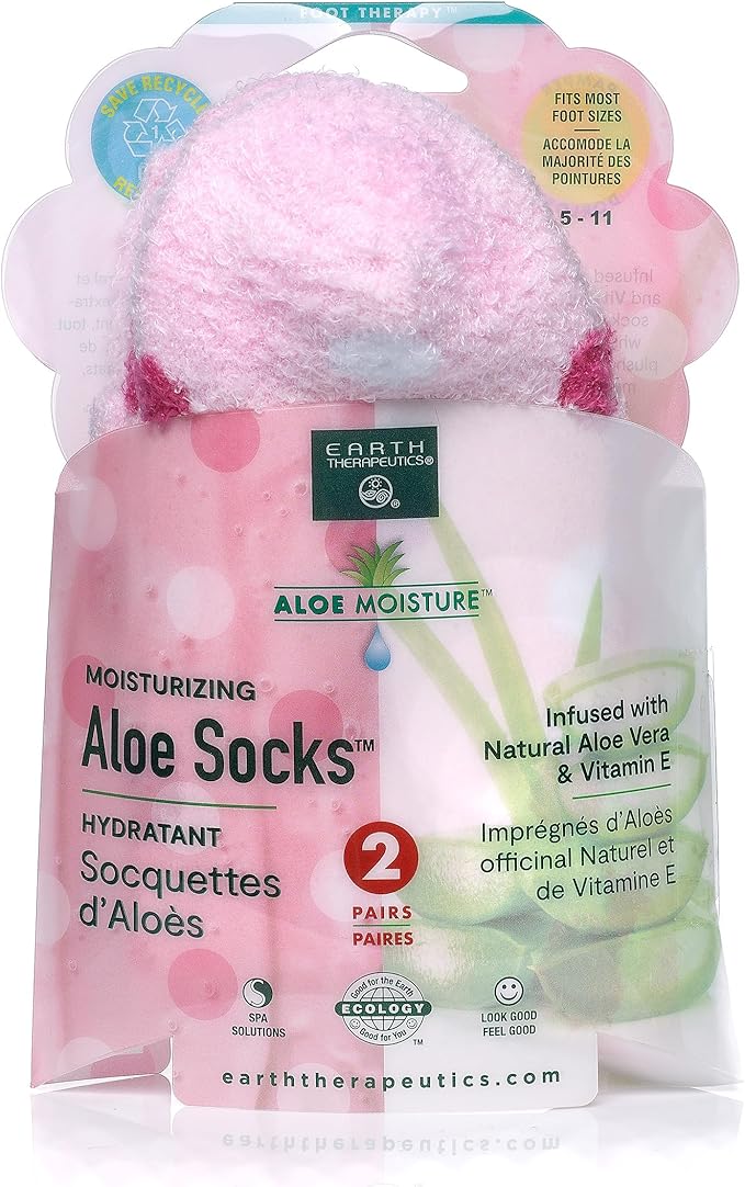Earth Therapeutics Aloe Vera Socks – Infused with natural aloe vera & Vitamin E – Helps Dry Feet, Cracked Heels, Calluses,Use with Favorite Lotion for Spa Pedicure – Pink/Polka Dots,2 Pairs