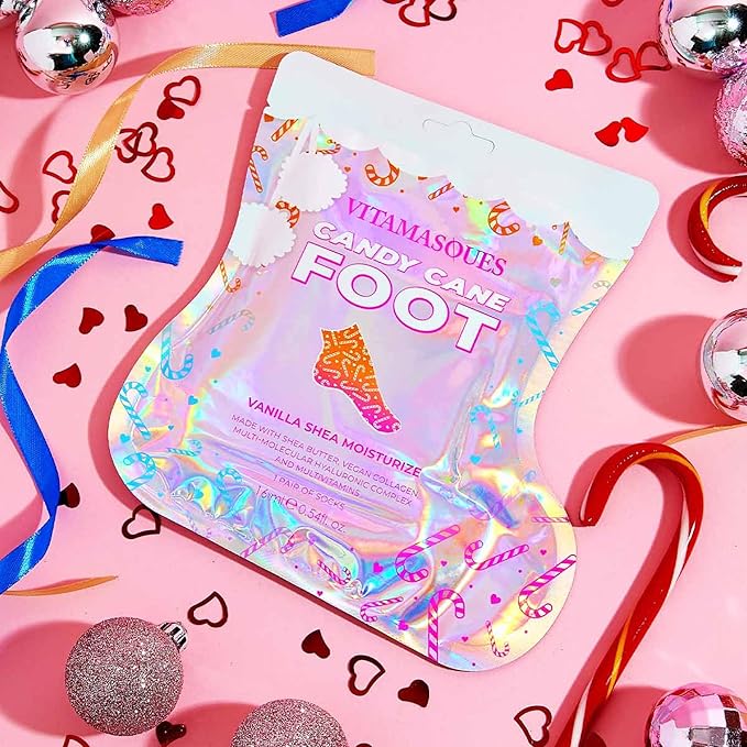 Vitamasques Candy Cane Moisturizing Foot Mask 5 Pairs - Korean Foot Mask with Shea Butter, Nourishing Feet Masks & Foot Moisturizing Socks for Hydration, Soft Skin & Relaxing Self-Care
