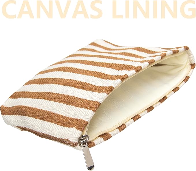 PAZIMIIK Makeup Bag Large Cotton Zipper Pouch for Purse Travel Canvas Make Up Organizer for Women Cosmetic,Stripe Coffee