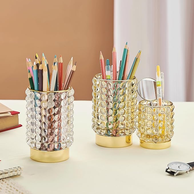 Makeup Brush Holder Organizer,Toothbrush Holders,Desk Pen Pencil Holder,Multifunctional Vintage Glass Brush Cup(A38-3-US/Gold/L)