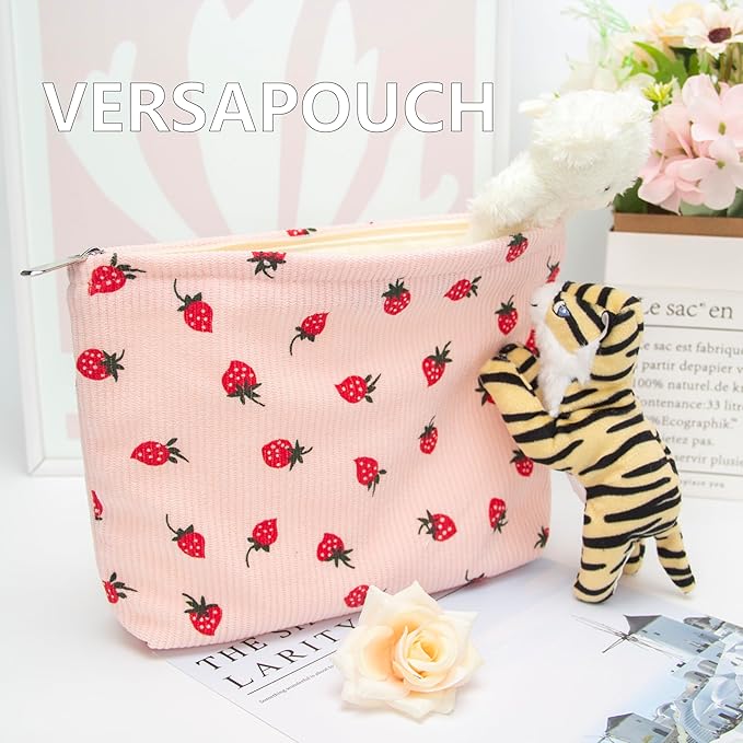 Makeup Bag Large Cotton Zipper Pouch for Purse Travel Canvas Make Up Organizer for Women Cosmetic,Strawberry Pink