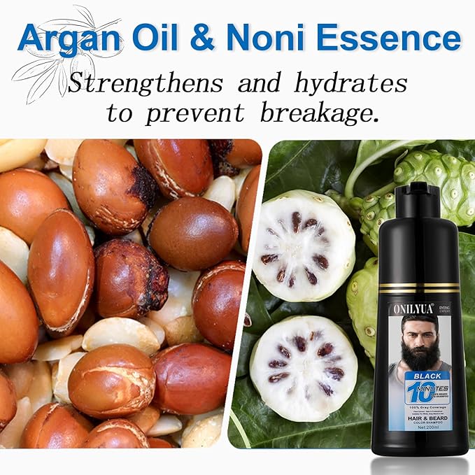 Men's 3-in-1 Black Beard & Hair Dye Shampoo, Instant Grey Darkening Beard Color Shampoo in 10 Minutes, Simpler Gray Reducing Mustache & Beard Dye for Men, with Plant Extract for Healthy Facial Hair