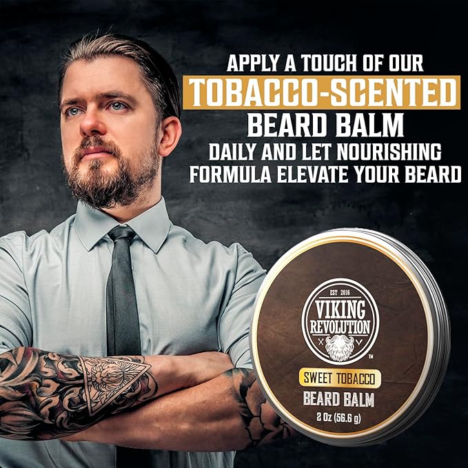 Viking Revolution Sweet Tobacco Beard Balm - Tobacco Scented Beard Butter with Argan Oil & Jojoba Oil - Softens and Moisturizes Beards for Men (2oz, 1 Pack)
