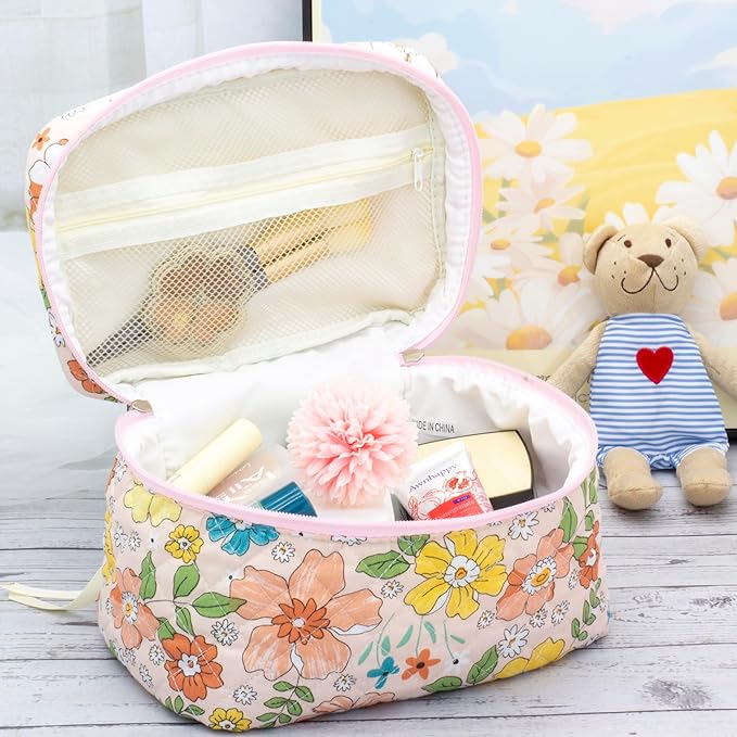 PAZIMIIK 3PCS Makeup Bag SET Large Travel Quilted Zipper Soft Cosmetic Case Pouch for Women Girls Make Up,Floral Orange