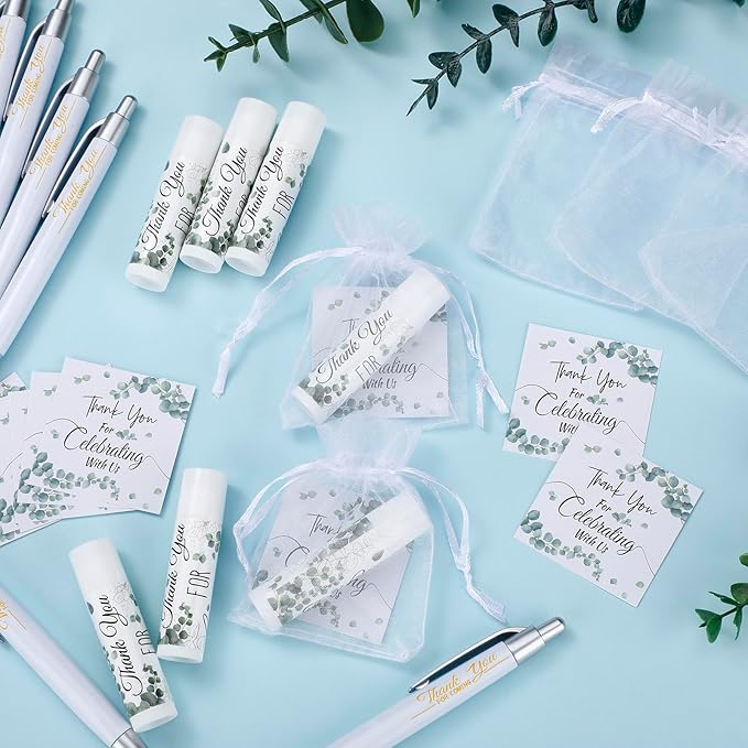 50 Set Bulk Thank You Combo Gifts Include Lip Balms Appreciation Ballpoint Pen Thank You Card Organza Drawstring Gift Bag Pouch for Wedding Parties Baby Shower Favors, Eucalyptus Leaves Style