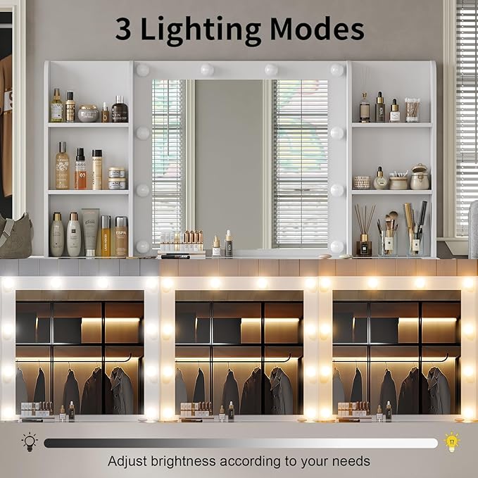 Vanity with Power Outlet, Vanity Desk with Mirror and 10 LED Lights, 10 Drawers Makeup Vanity with 6 Shelves, Fold-up Panel, Dressing Table for Bedroom, White