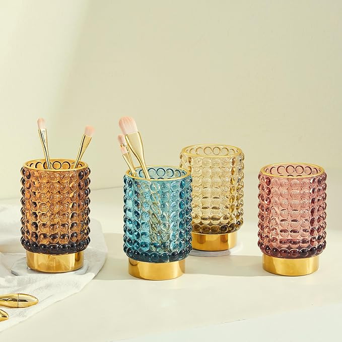 Makeup Brush Holder Organizer,Toothbrush Holders,Desk Pen Pencil Holder,Multifunctional Vintage Glass Brush Cup(A38-9-US/Brown/L)