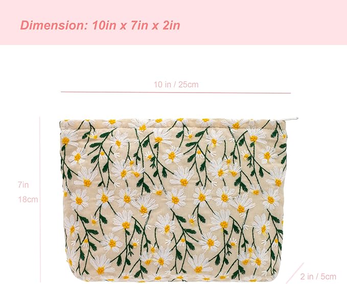 Makeup Bags for Purse Zipper Cosmetic Pouch Large Travel Canvas Make Up Organizer Tool Pouch for Women and Girls,Daisy White