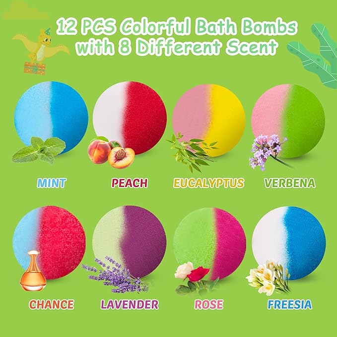 Bath Bombs for Kids, 12 Pcs Bath Bombs with Glow in The Dark Dinosura Surprise Inside, Handmade Organic Bubble Bath Ball Gift Set for Boys and Girls, Gift for Birthday Christmas Easter