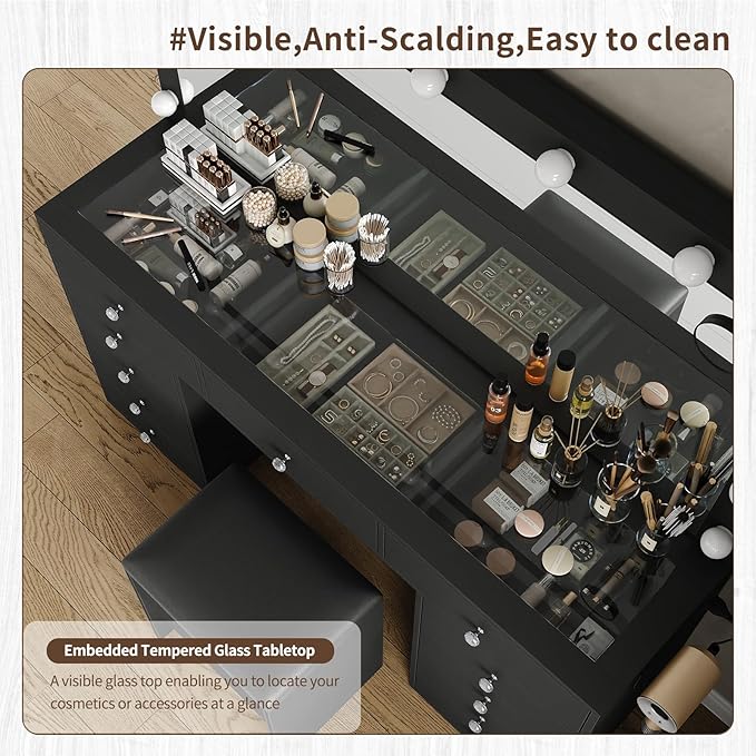 11 Drawers Makeup Vanity with Charging Station, Vanity Desk with 13 LED Bulbs and HD Mirror, 3 Color Brightness Adjustable, Glass Top Vanity Set for Bedroom, Black