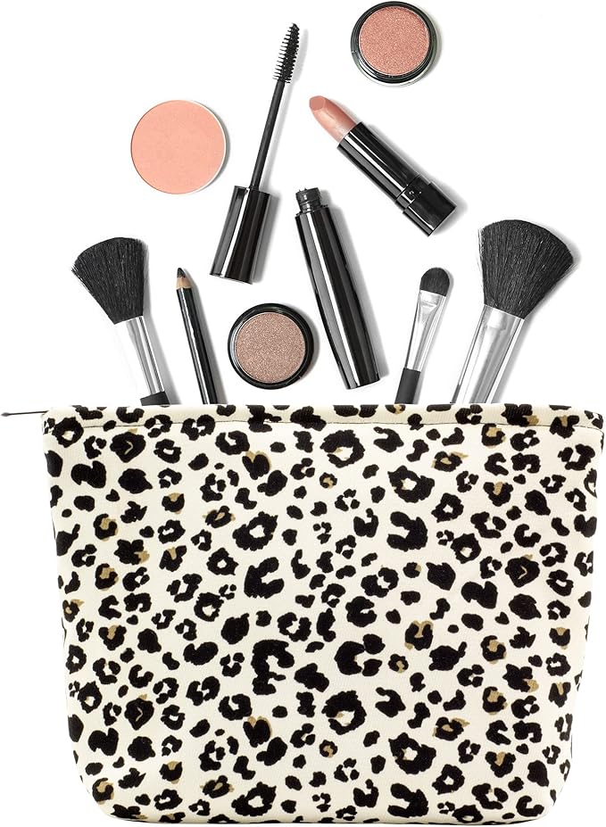 Makeup Bags for Purse Zipper Cosmetic Pouch Large Travel Canvas Make Up Organizer Tool Pouch for Women and Girls,Leopard Ivory