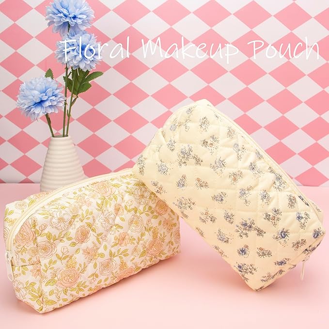 PAZIMIIK Vintage Quilted Makeup Bag Cosmetic Pouch for Brushes Pencils and Travel Make Up Accessories for Women and Girls Floral Blue