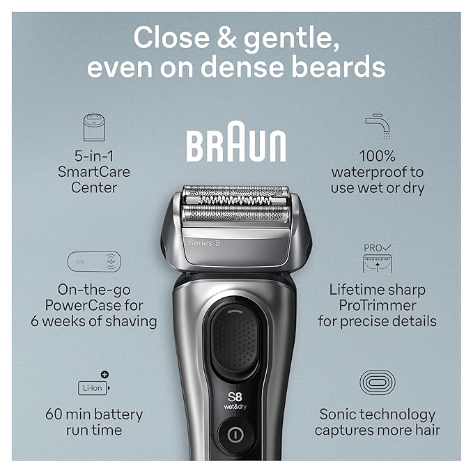 Braun Series 8 Electric Shaver, Shaving Kit with 4+1 Shaving Elements, Precision Long Hair Trimmer, SmartCare Center, PowerCase