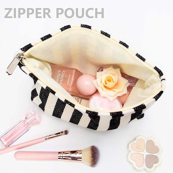 PAZIMIIK Makeup Bag Large Cotton Zipper Pouch for Purse Travel Canvas Make Up Organizer for Women Cosmetic,Stripe Black White