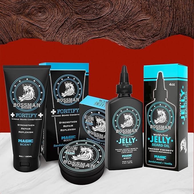 Bossman Essentials Beard Kit for Men, Set of 3 - Beard Oil Jelly, Fortifying Conditioner Cream, Beard Balm - Grooming Growth Care Accessories (Magic)