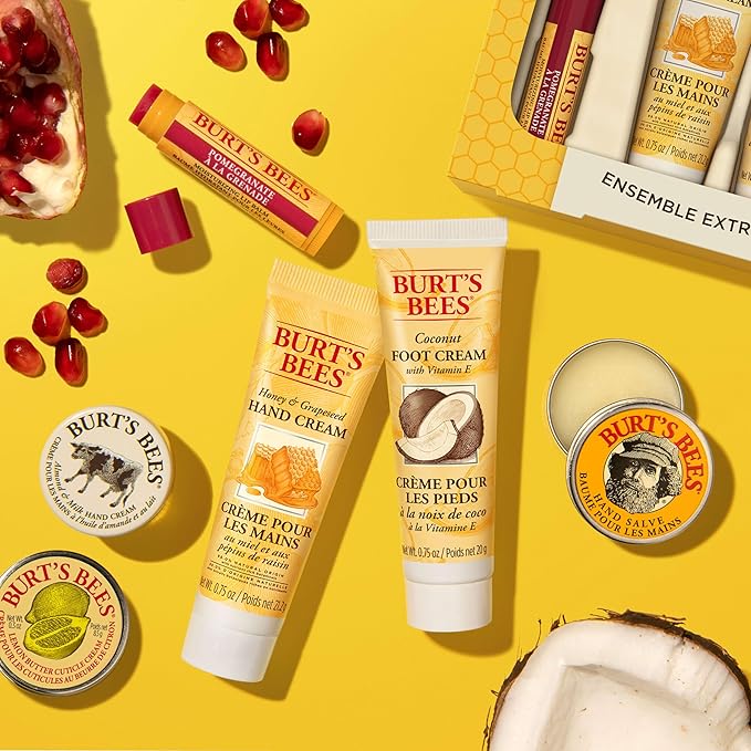 Burt's Bees Back to School Gifts Ideas, 6 Body Care College Dorm Products, Tips and Toes Set - Pomegranate Moisturizing Lip Balm, 2 Hand Creams, Foot Cream, Cuticle Cream & Hand Salve