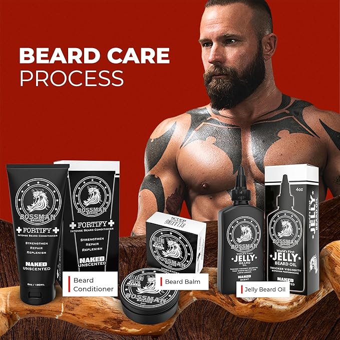 Bossman Essentials Beard Kit for Men – Beard Oil Jelly, Fortifying Conditioner Cream & Beard Balm – Grooming Care Accessories (Naked - Unscented)