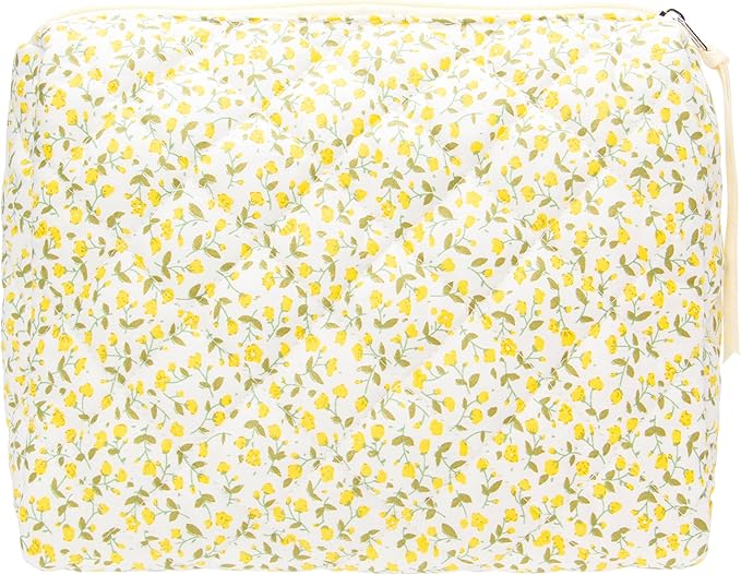 PAZIMIIK Quilted Makeup Bag Large Travel Zipper Soft Cosmetic Pouch for Women Girls Make Up,Floral Yellow