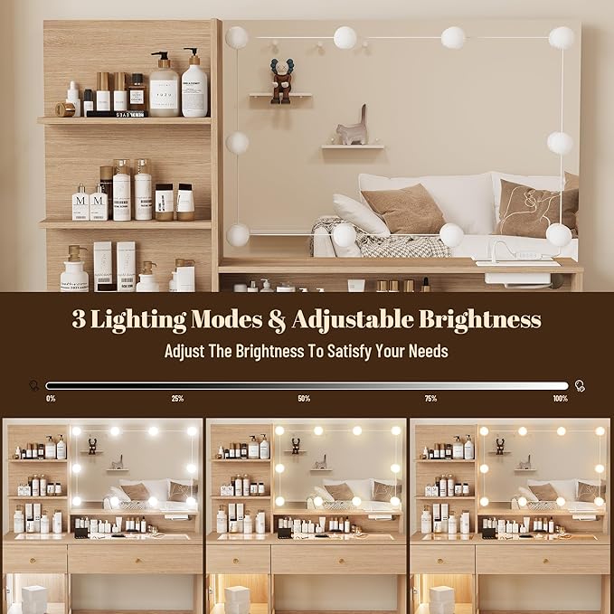 40" Vanity Desk with Large Mirror and Lights, Modern Glass Top Makeup Vanity Set with Power Outlet, Drawers and Cabinet, 3 Lighting Color Adjustable Dressing Table for Bedroom,Oak