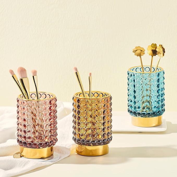 Makeup Brush Holder Organizer,Toothbrush Holders,Desk Pen Pencil Holder,Multifunctional Vintage Glass Brush Cup(A38-9-US/Brown/L)