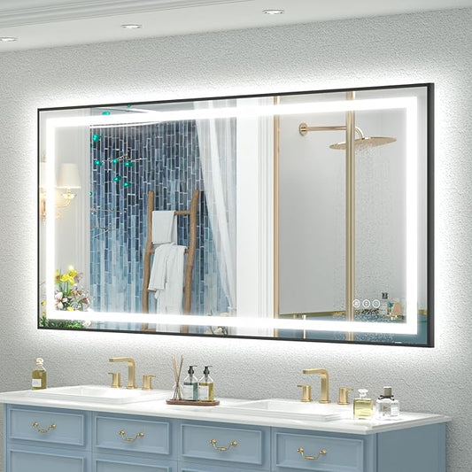 OKPAL 50x30 LED Bathroom Mirror with Black Frame, Lighted Bathroom Vanity Mirror, Front and Backlit, Dimmable, Anti-Fog, 3 Colors, Shatterproof, ETL Listed, Horizontal/Vertical