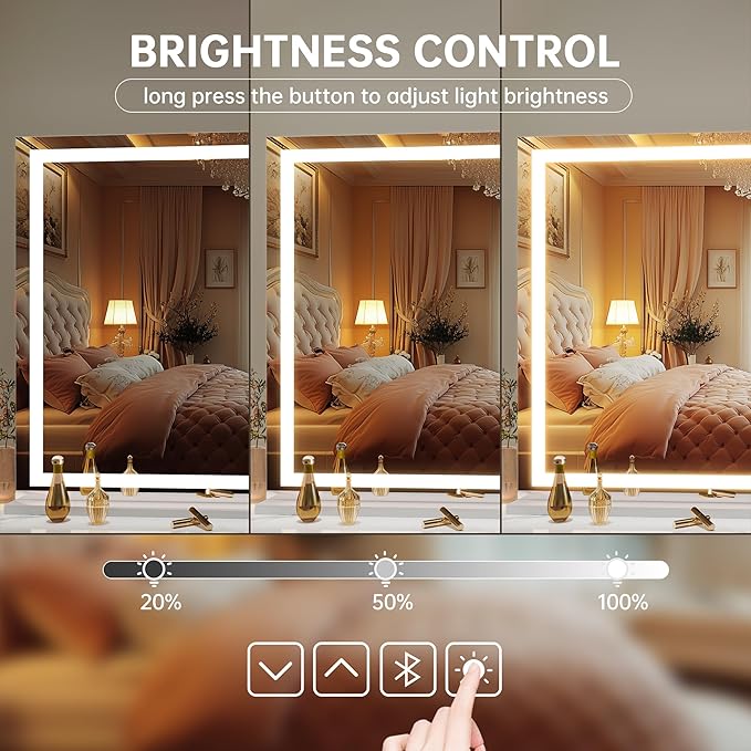 Hasipu Vanity Mirror with Lights and Bluetooth Speaker, 50" x 33.9" LED Makeup Mirror, Lighted Makeup Mirror with Dimmable 3 Modes, Touch Screen Control Vanity Mirror Square White